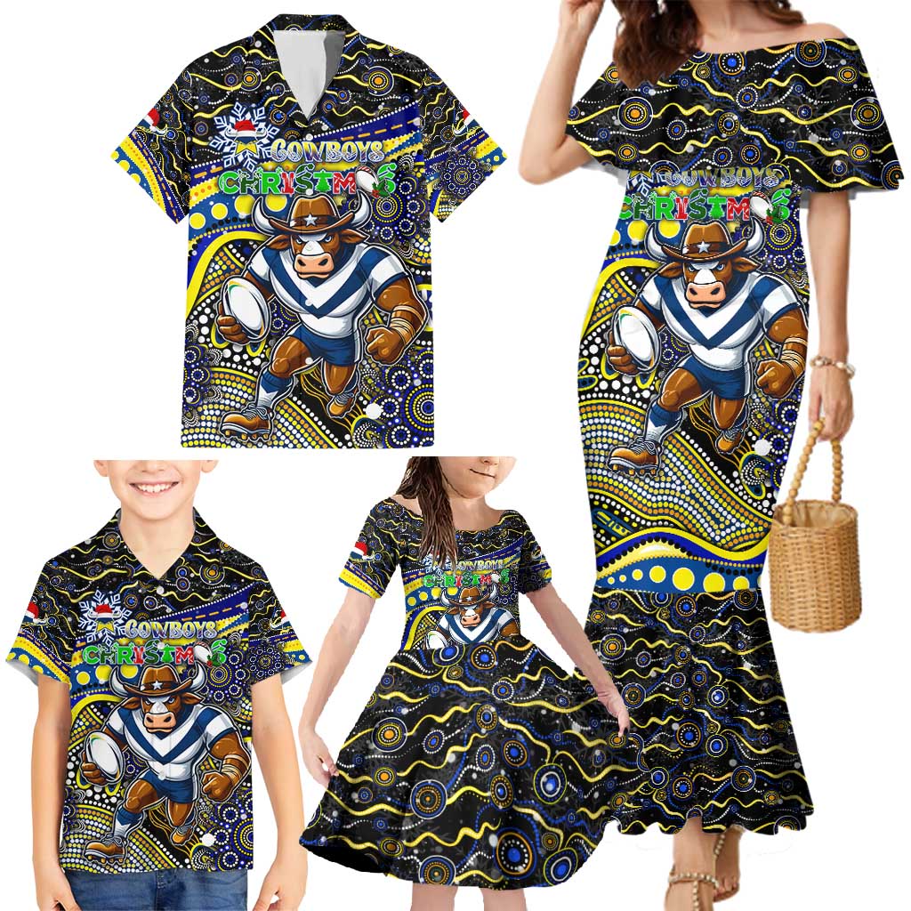 Merry Christmas Cowboys Family Matching Mermaid Dress and Hawaiian Shirt Aboriginal Santa Rugby Mascot - North Queensland