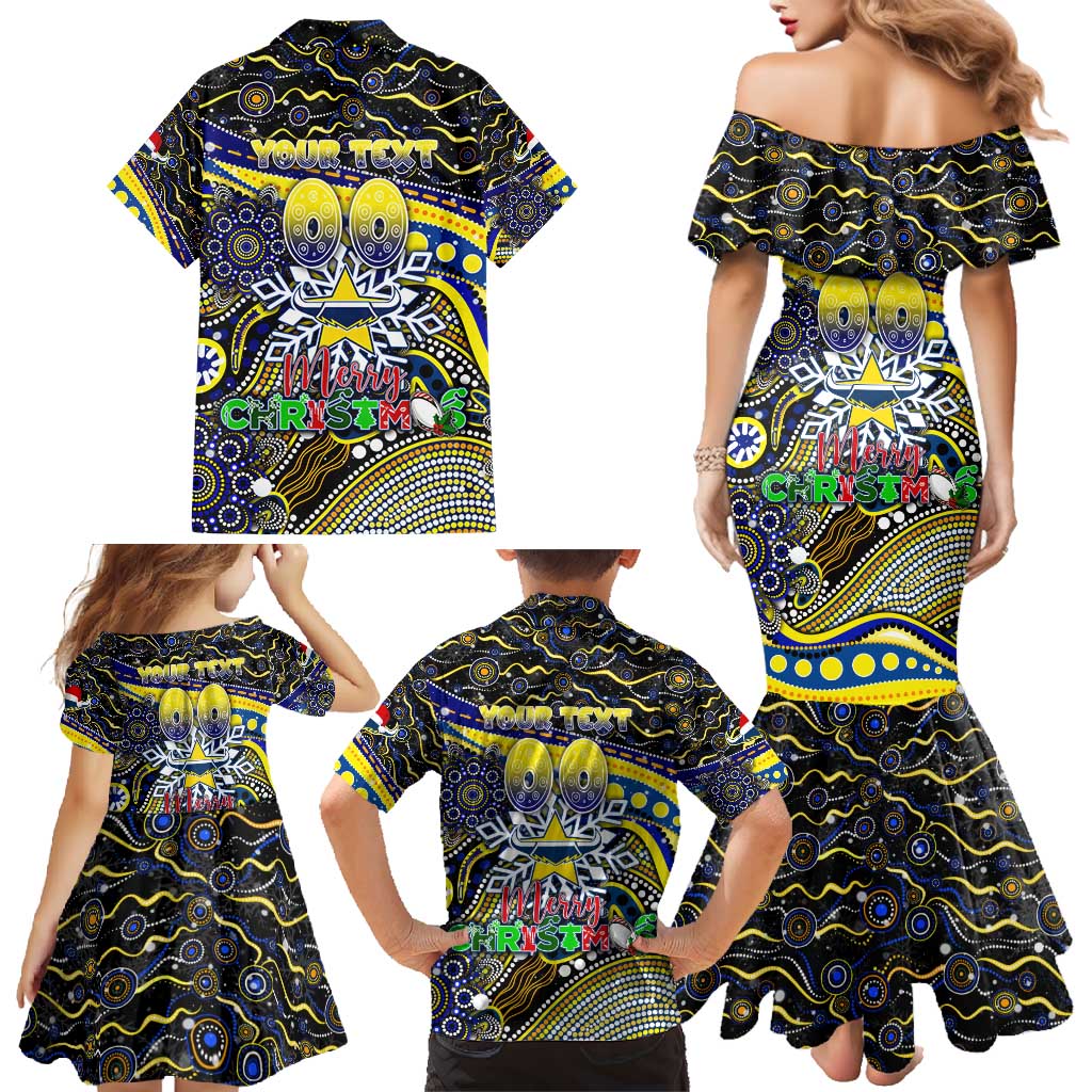 Merry Christmas Cowboys Family Matching Mermaid Dress and Hawaiian Shirt Aboriginal Santa Rugby Mascot - North Queensland