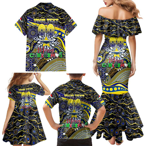 Merry Christmas Cowboys Family Matching Mermaid Dress and Hawaiian Shirt Aboriginal Santa Rugby Mascot - North Queensland
