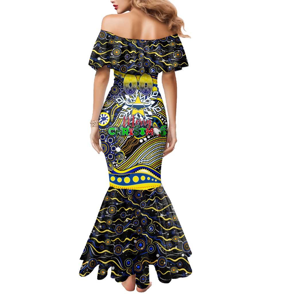 Merry Christmas Cowboys Family Matching Mermaid Dress and Hawaiian Shirt Aboriginal Santa Rugby Mascot - North Queensland