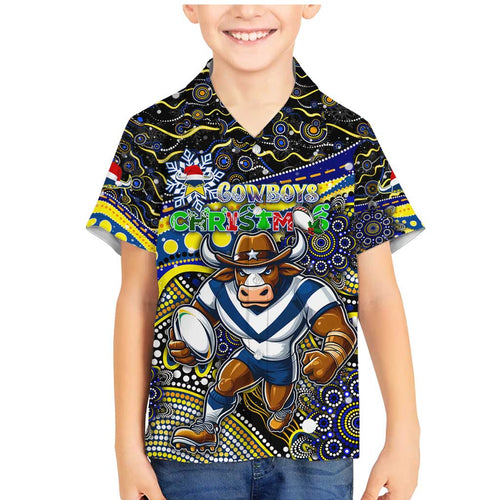 Merry Christmas Cowboys Family Matching Mermaid Dress and Hawaiian Shirt Aboriginal Santa Rugby Mascot - North Queensland
