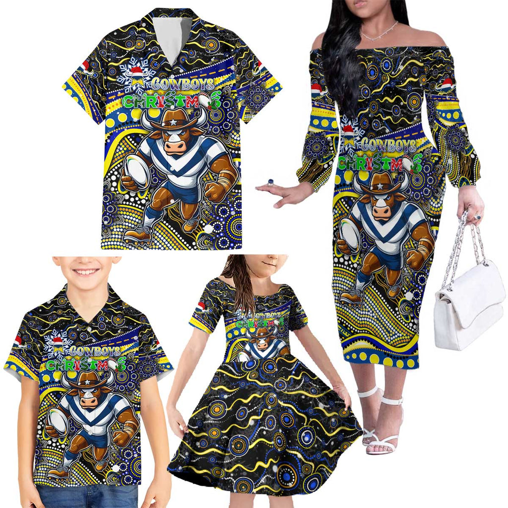 Merry Christmas Cowboys Family Matching Off The Shoulder Long Sleeve Dress and Hawaiian Shirt Aboriginal Santa Rugby Mascot - North Queensland