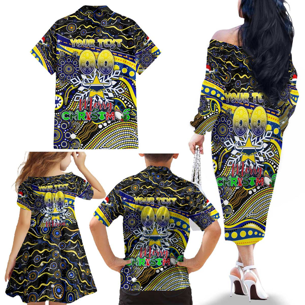 Merry Christmas Cowboys Family Matching Off The Shoulder Long Sleeve Dress and Hawaiian Shirt Aboriginal Santa Rugby Mascot - North Queensland