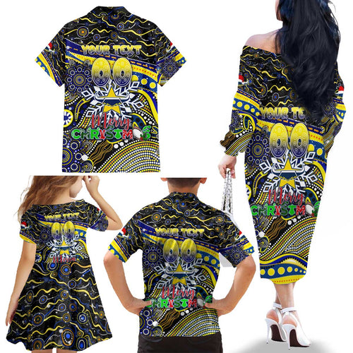 Merry Christmas Cowboys Family Matching Off The Shoulder Long Sleeve Dress and Hawaiian Shirt Aboriginal Santa Rugby Mascot - North Queensland