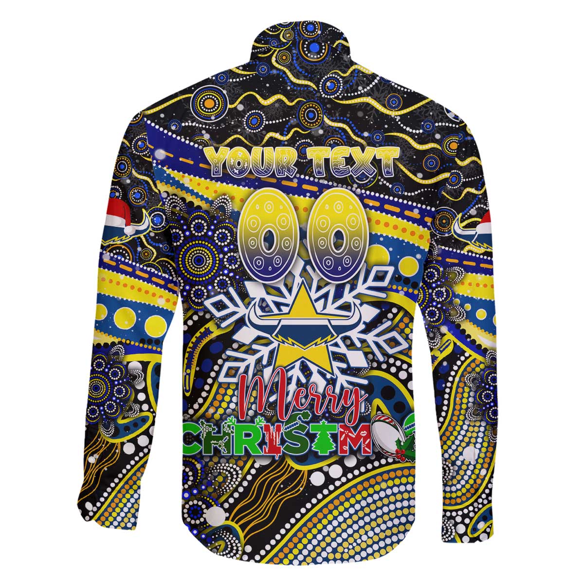 Merry Christmas Cowboys Family Matching Off The Shoulder Long Sleeve Dress and Hawaiian Shirt Aboriginal Santa Rugby Mascot - North Queensland