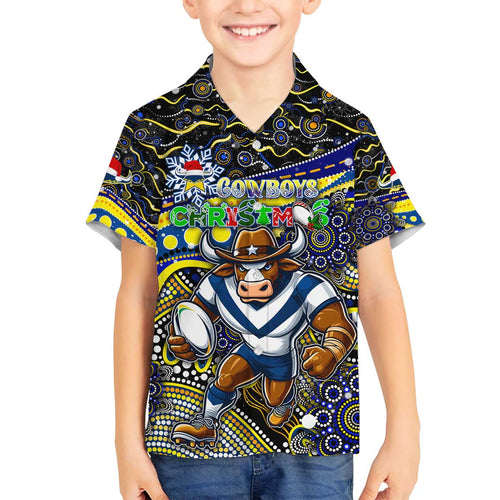 Merry Christmas Cowboys Family Matching Off The Shoulder Long Sleeve Dress and Hawaiian Shirt Aboriginal Santa Rugby Mascot - North Queensland