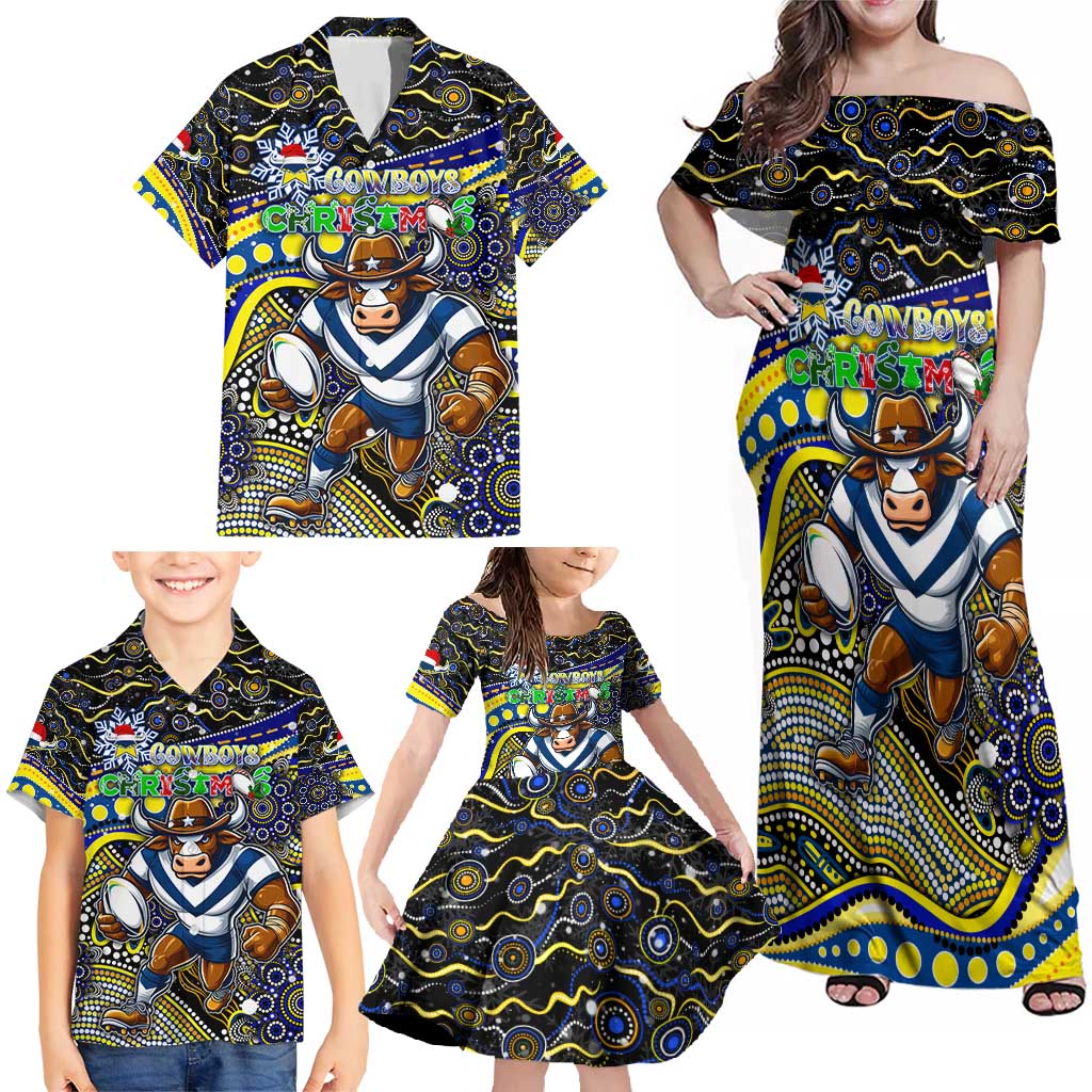Merry Christmas Cowboys Family Matching Off Shoulder Maxi Dress and Hawaiian Shirt Aboriginal Santa Rugby Mascot - North Queensland