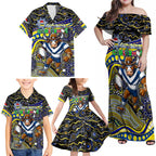 Merry Christmas Cowboys Family Matching Off Shoulder Maxi Dress and Hawaiian Shirt Aboriginal Santa Rugby Mascot - North Queensland