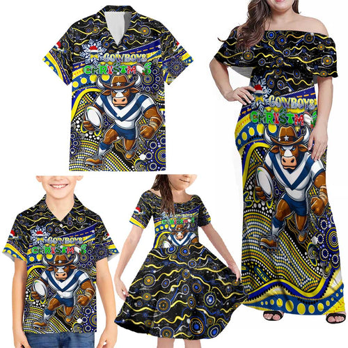 Merry Christmas Cowboys Family Matching Off Shoulder Maxi Dress and Hawaiian Shirt Aboriginal Santa Rugby Mascot - North Queensland