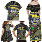 Merry Christmas Cowboys Family Matching Off Shoulder Maxi Dress and Hawaiian Shirt Aboriginal Santa Rugby Mascot - North Queensland