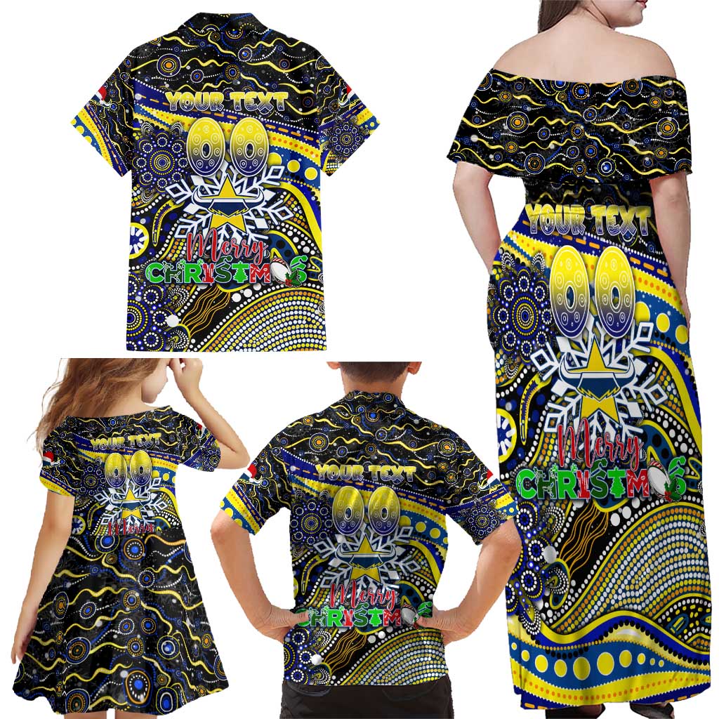 Merry Christmas Cowboys Family Matching Off Shoulder Maxi Dress and Hawaiian Shirt Aboriginal Santa Rugby Mascot - North Queensland