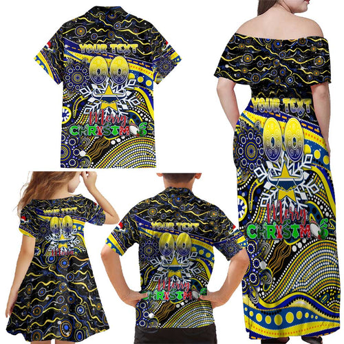 Merry Christmas Cowboys Family Matching Off Shoulder Maxi Dress and Hawaiian Shirt Aboriginal Santa Rugby Mascot - North Queensland