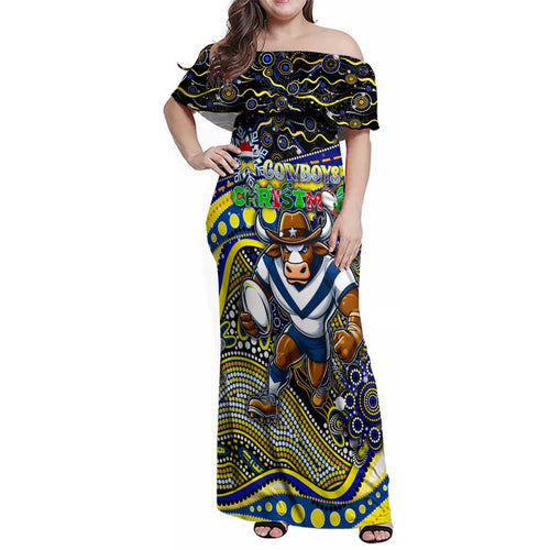 Merry Christmas Cowboys Family Matching Off Shoulder Maxi Dress and Hawaiian Shirt Aboriginal Santa Rugby Mascot - North Queensland