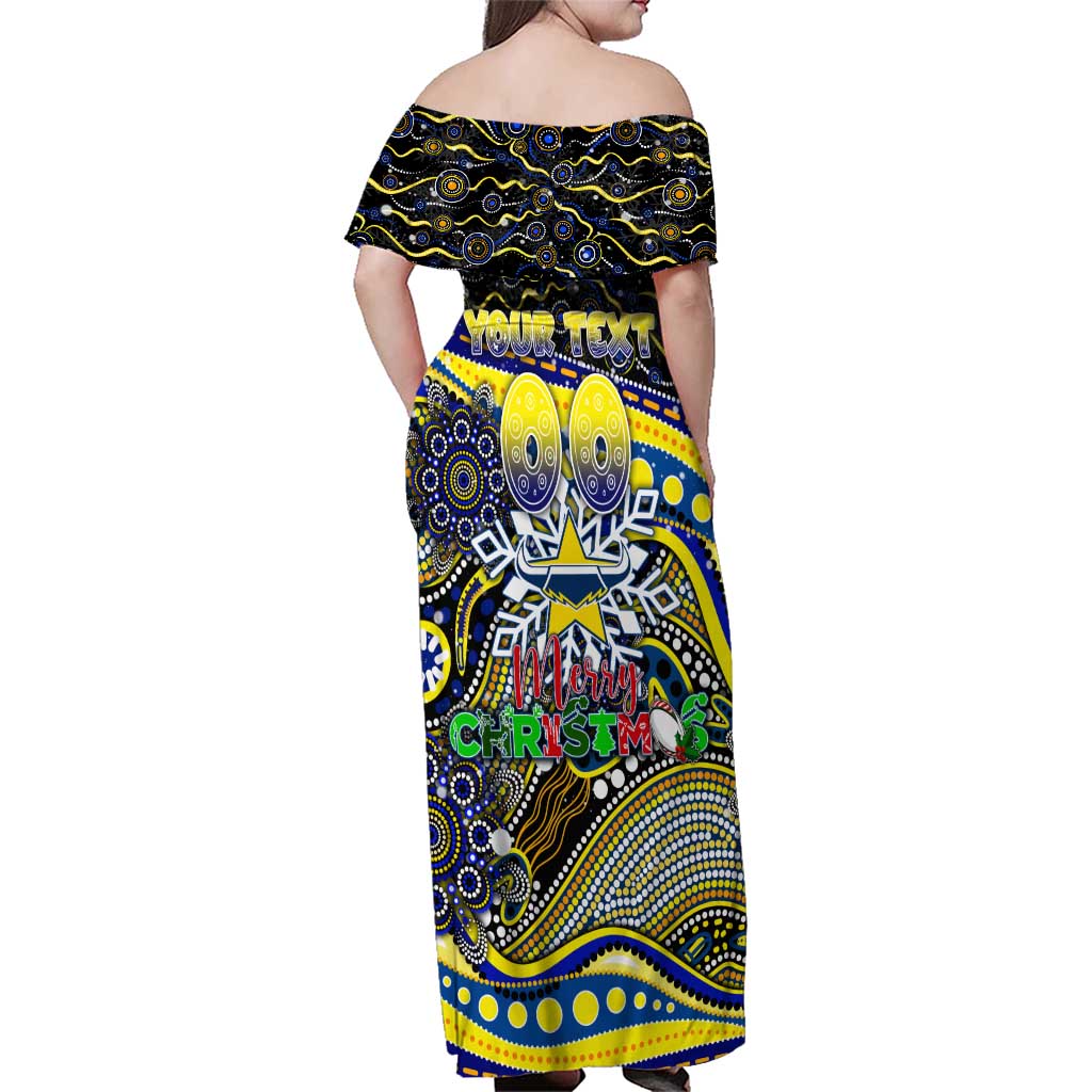 Merry Christmas Cowboys Family Matching Off Shoulder Maxi Dress and Hawaiian Shirt Aboriginal Santa Rugby Mascot - North Queensland