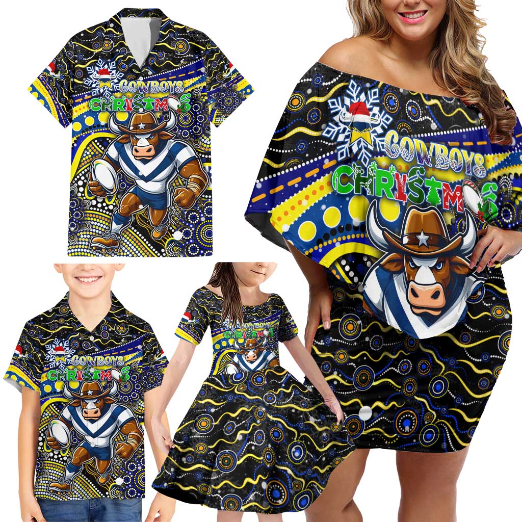 Merry Christmas Cowboys Family Matching Off Shoulder Short Dress and Hawaiian Shirt Aboriginal Santa Rugby Mascot - North Queensland