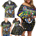 Merry Christmas Cowboys Family Matching Off Shoulder Short Dress and Hawaiian Shirt Aboriginal Santa Rugby Mascot - North Queensland