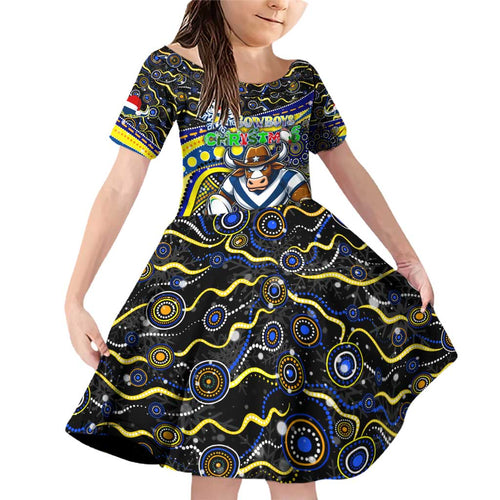 Merry Christmas Cowboys Family Matching Off Shoulder Short Dress and Hawaiian Shirt Aboriginal Santa Rugby Mascot - North Queensland