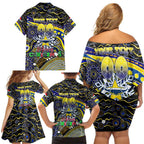 Merry Christmas Cowboys Family Matching Off Shoulder Short Dress and Hawaiian Shirt Aboriginal Santa Rugby Mascot - North Queensland