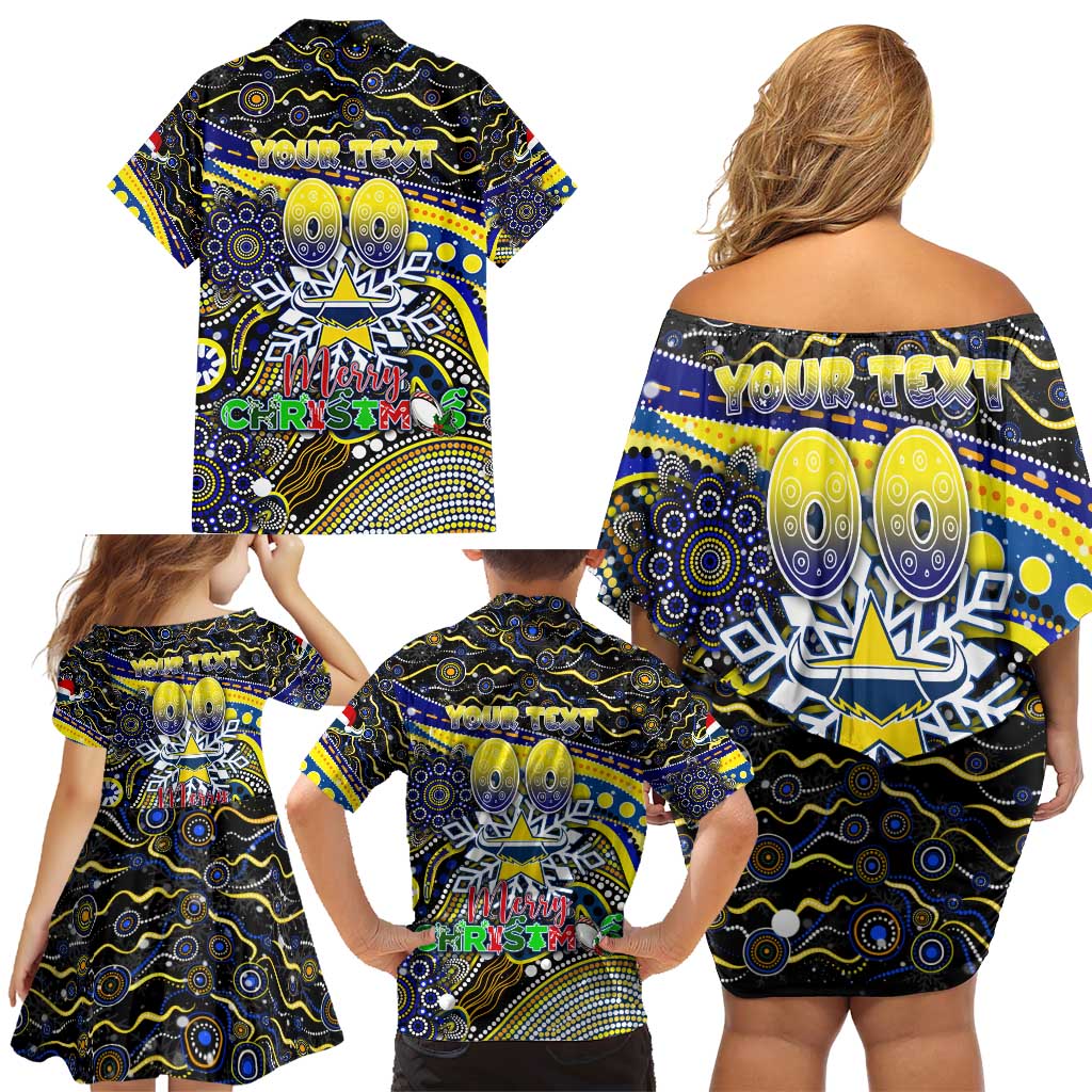 Merry Christmas Cowboys Family Matching Off Shoulder Short Dress and Hawaiian Shirt Aboriginal Santa Rugby Mascot - North Queensland