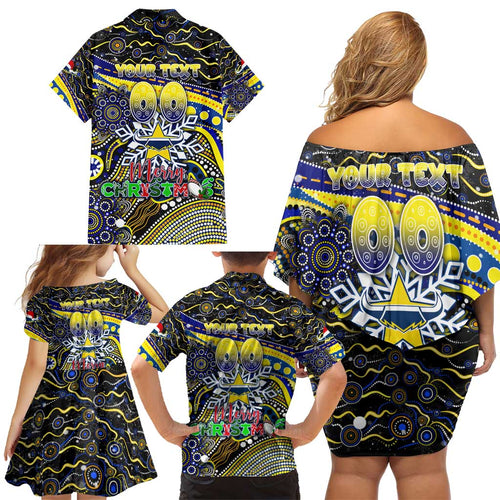 Merry Christmas Cowboys Family Matching Off Shoulder Short Dress and Hawaiian Shirt Aboriginal Santa Rugby Mascot - North Queensland