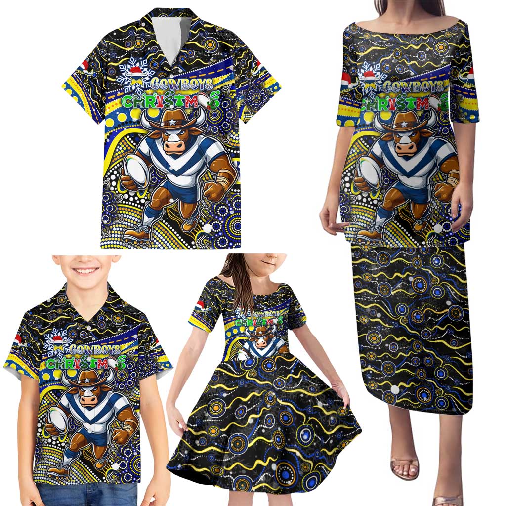 Merry Christmas Cowboys Family Matching Puletasi and Hawaiian Shirt Aboriginal Santa Rugby Mascot - North Queensland