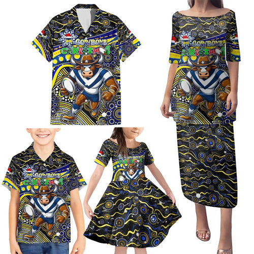 Merry Christmas Cowboys Family Matching Puletasi and Hawaiian Shirt Aboriginal Santa Rugby Mascot - North Queensland