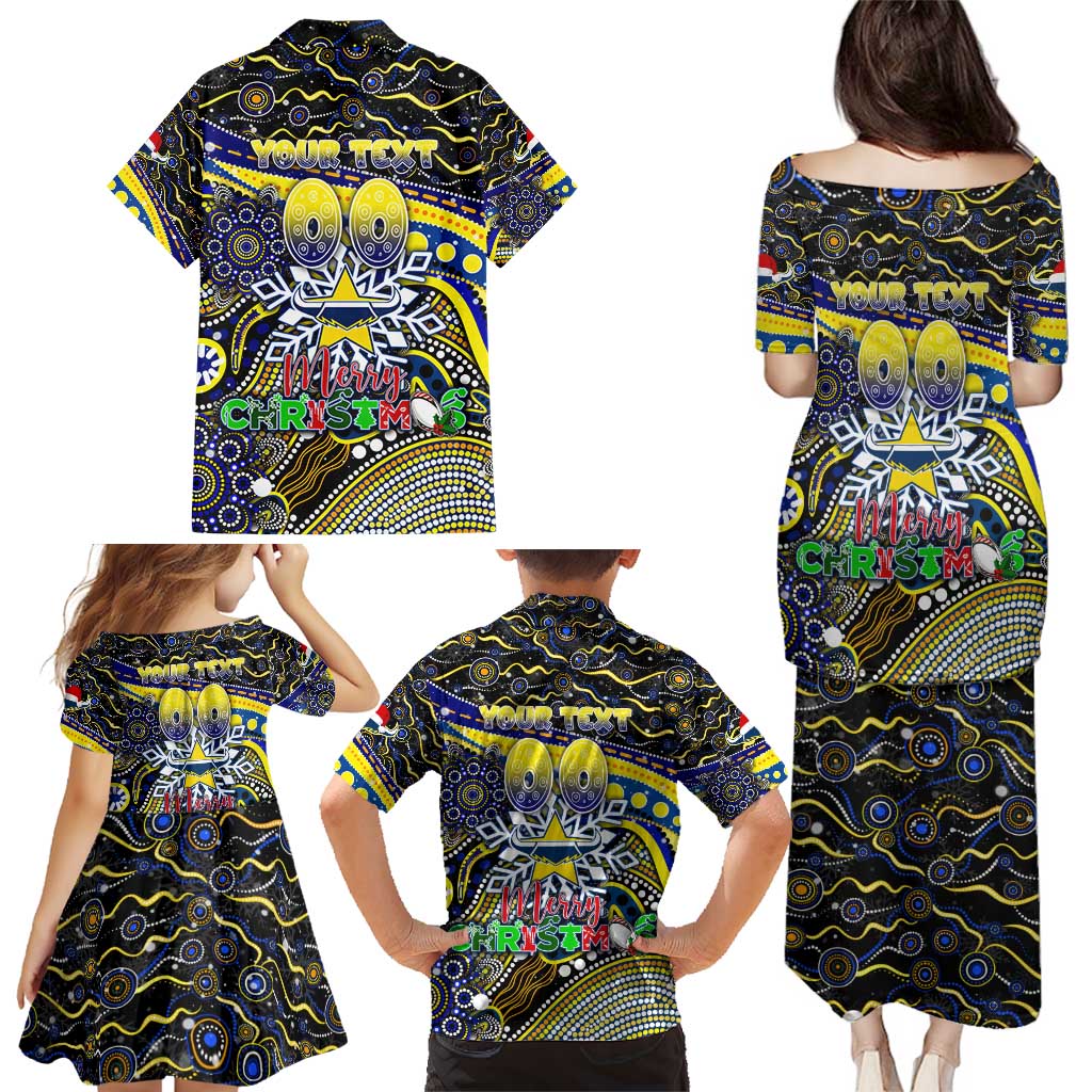 Merry Christmas Cowboys Family Matching Puletasi and Hawaiian Shirt Aboriginal Santa Rugby Mascot - North Queensland