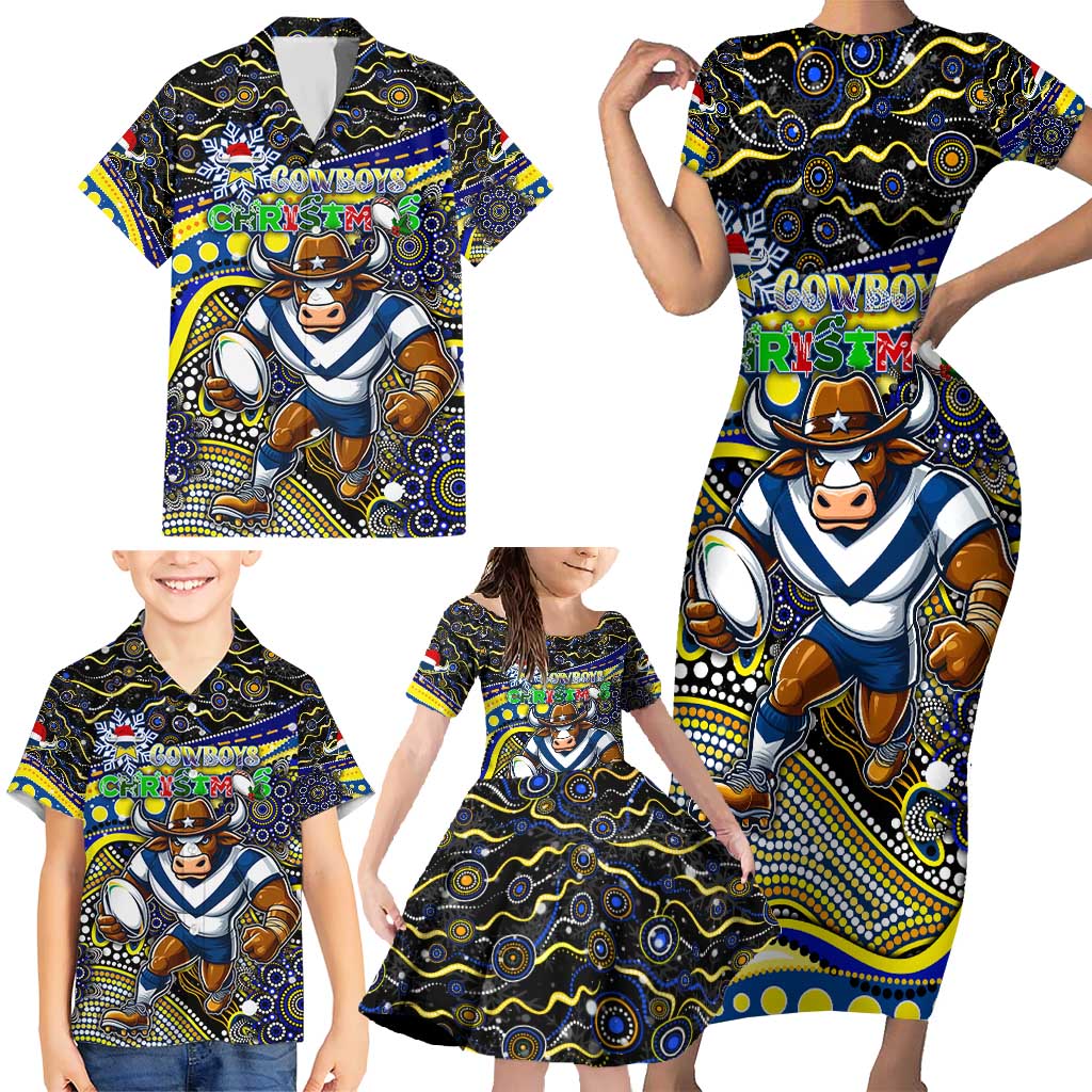 Merry Christmas Cowboys Family Matching Short Sleeve Bodycon Dress and Hawaiian Shirt Aboriginal Santa Rugby Mascot - North Queensland