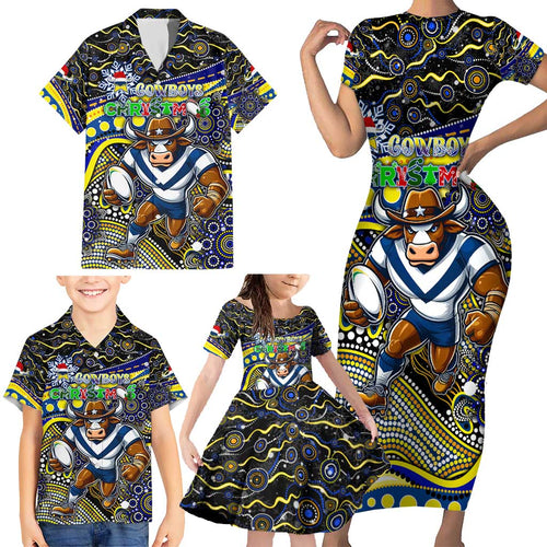 Merry Christmas Cowboys Family Matching Short Sleeve Bodycon Dress and Hawaiian Shirt Aboriginal Santa Rugby Mascot - North Queensland