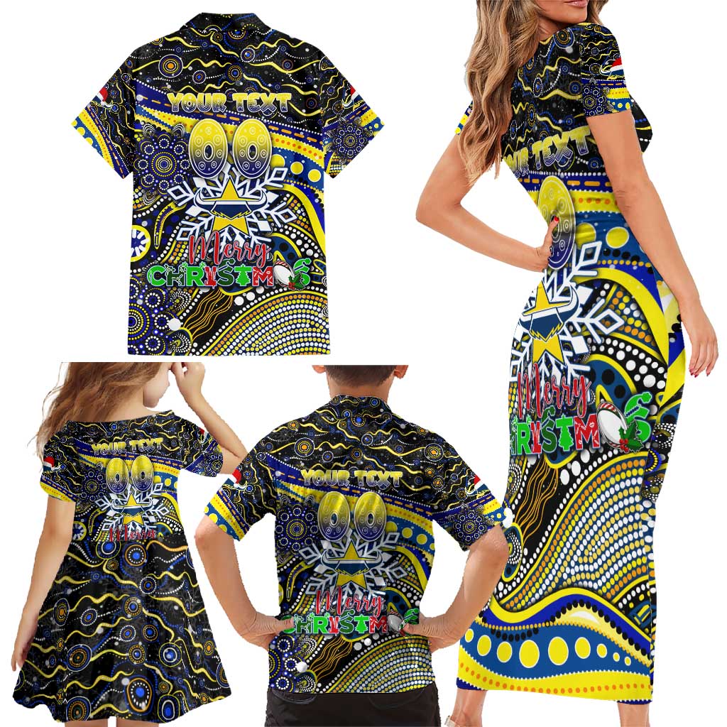 Merry Christmas Cowboys Family Matching Short Sleeve Bodycon Dress and Hawaiian Shirt Aboriginal Santa Rugby Mascot - North Queensland