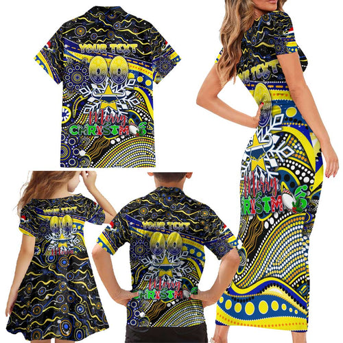 Merry Christmas Cowboys Family Matching Short Sleeve Bodycon Dress and Hawaiian Shirt Aboriginal Santa Rugby Mascot - North Queensland