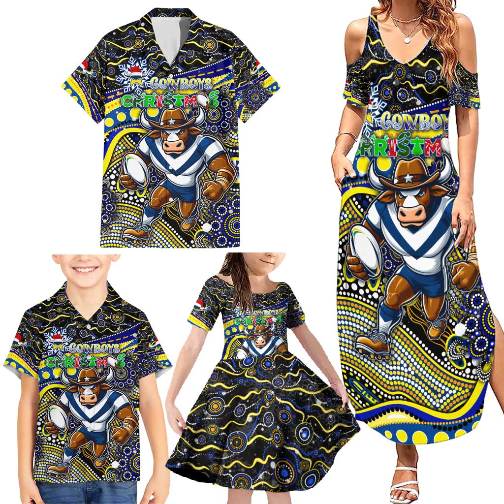 Merry Christmas Cowboys Family Matching Summer Maxi Dress and Hawaiian Shirt Aboriginal Santa Rugby Mascot - North Queensland