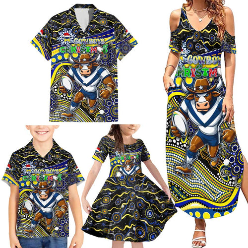 Merry Christmas Cowboys Family Matching Summer Maxi Dress and Hawaiian Shirt Aboriginal Santa Rugby Mascot - North Queensland