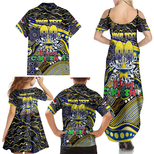 Merry Christmas Cowboys Family Matching Summer Maxi Dress and Hawaiian Shirt Aboriginal Santa Rugby Mascot - North Queensland