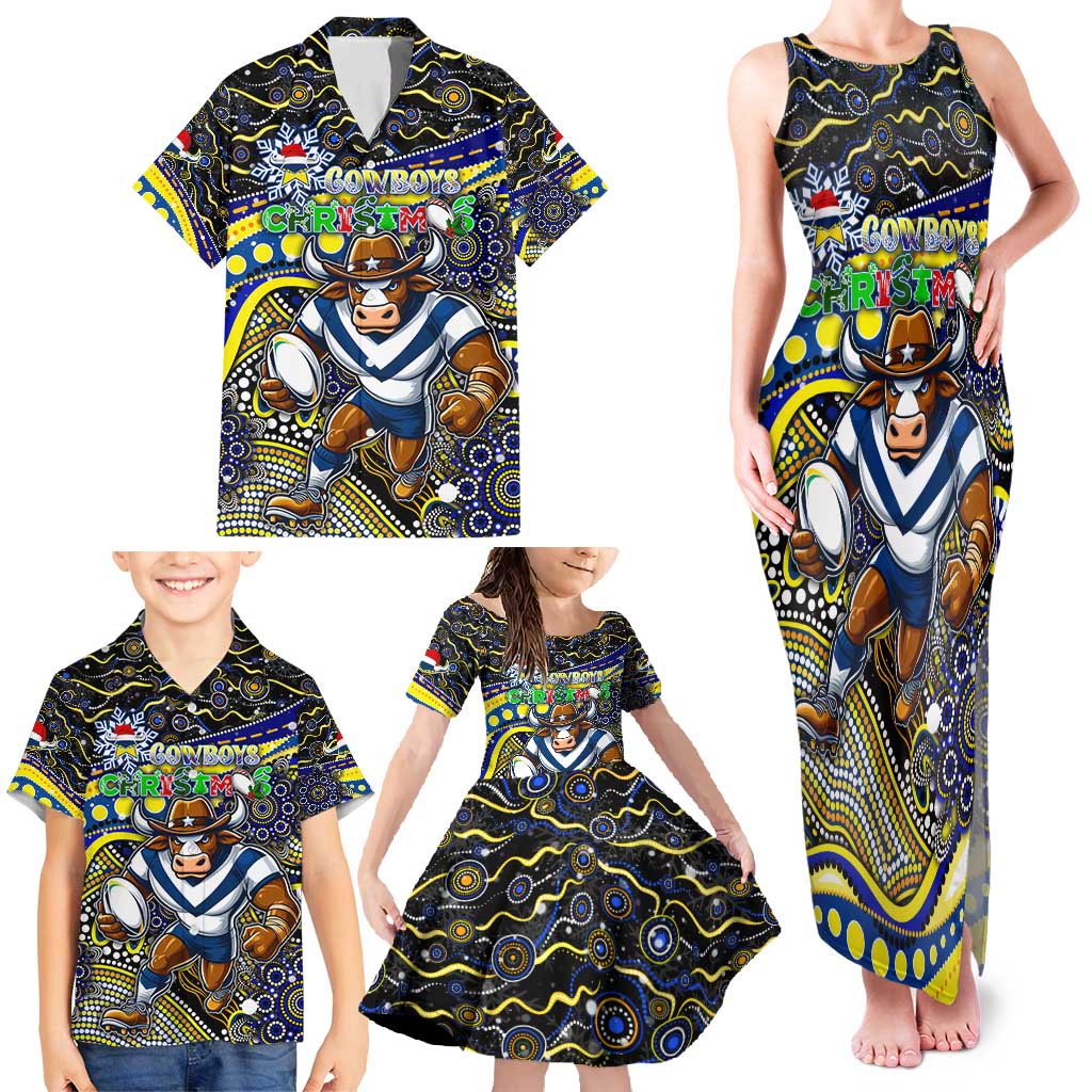 Merry Christmas Cowboys Family Matching Tank Maxi Dress and Hawaiian Shirt Aboriginal Santa Rugby Mascot - North Queensland