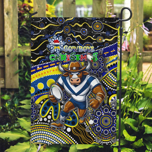 Merry Christmas Cowboys Garden Flag Aboriginal Santa Rugby Mascot - North Queensland