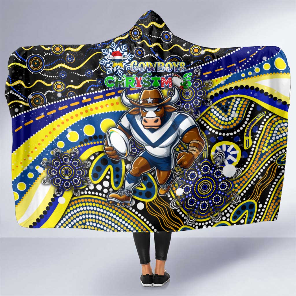 Merry Christmas Cowboys Hooded Blanket Aboriginal Santa Rugby Mascot - North Queensland
