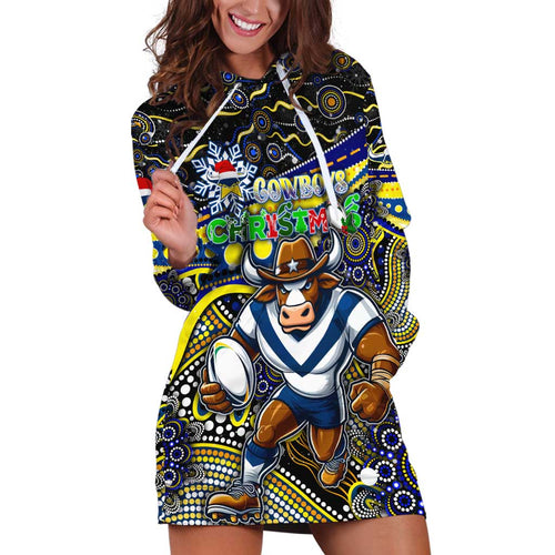 Merry Christmas Cowboys Hoodie Dress Aboriginal Santa Rugby Mascot - North Queensland