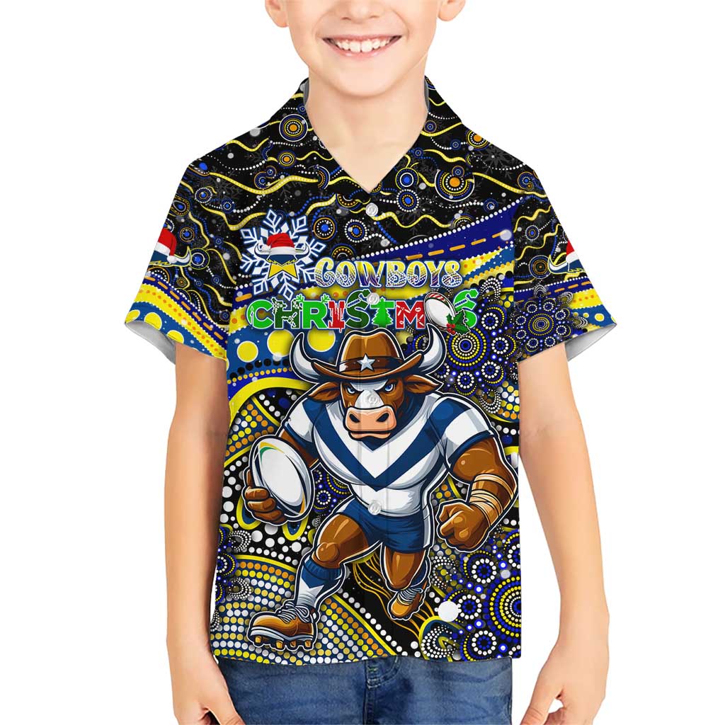 Merry Christmas Cowboys Kid Hawaiian Shirt Aboriginal Santa Rugby Mascot - North Queensland