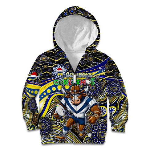 Merry Christmas Cowboys Kid Hoodie Aboriginal Santa Rugby Mascot - North Queensland