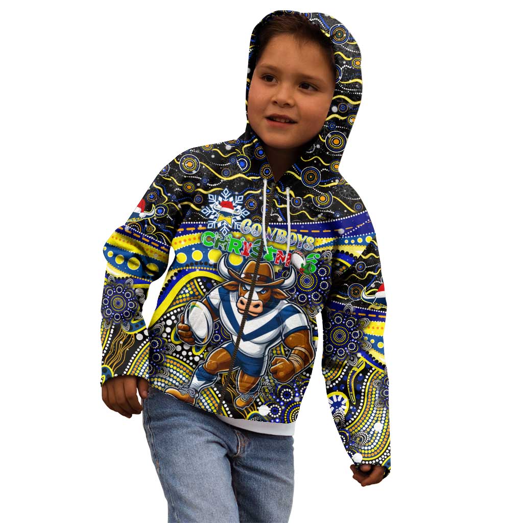 Merry Christmas Cowboys Kid Hoodie Aboriginal Santa Rugby Mascot - North Queensland