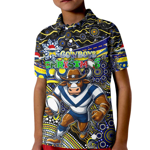 Merry Christmas Cowboys Kid Polo Shirt Aboriginal Santa Rugby Mascot - North Queensland