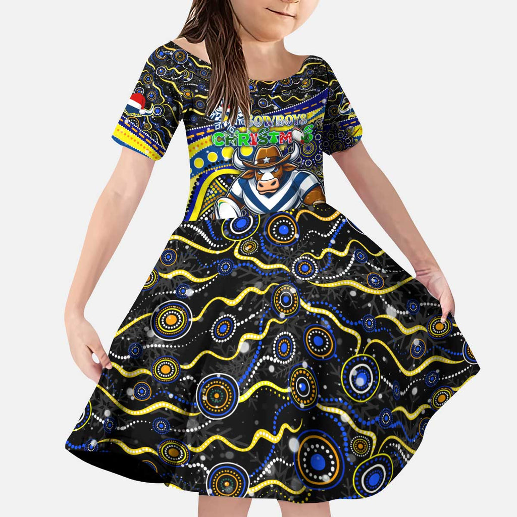 Merry Christmas Cowboys Kid Short Sleeve Dress Aboriginal Santa Rugby Mascot - North Queensland