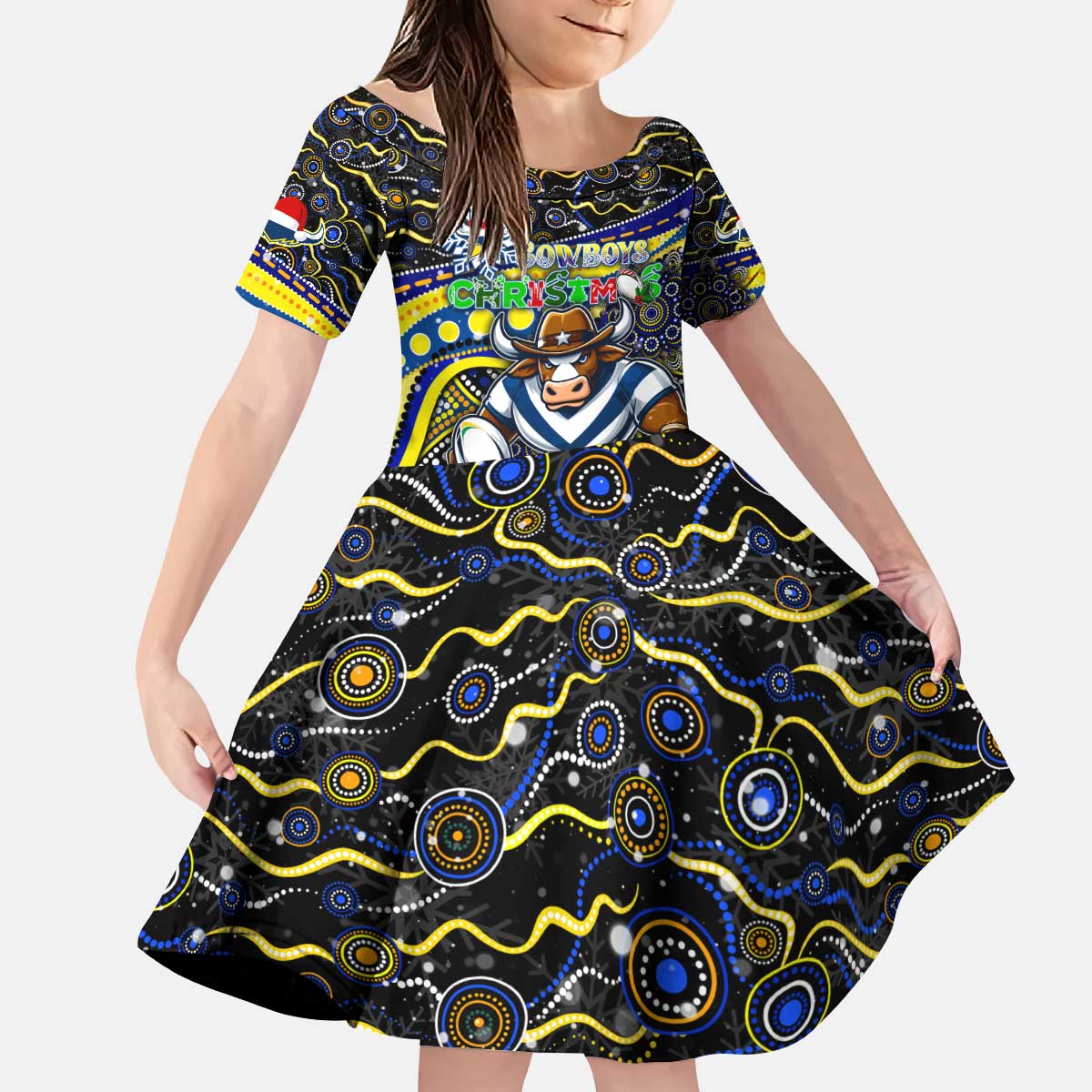 Merry Christmas Cowboys Kid Short Sleeve Dress Aboriginal Santa Rugby Mascot - North Queensland