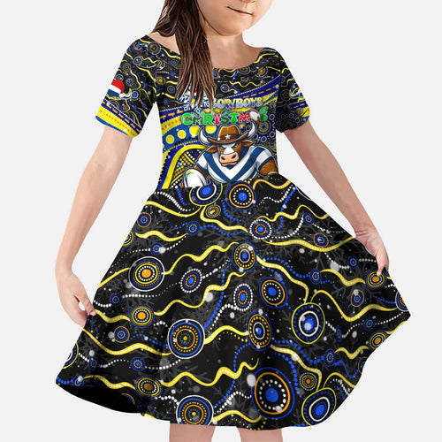 Merry Christmas Cowboys Kid Short Sleeve Dress Aboriginal Santa Rugby Mascot - North Queensland