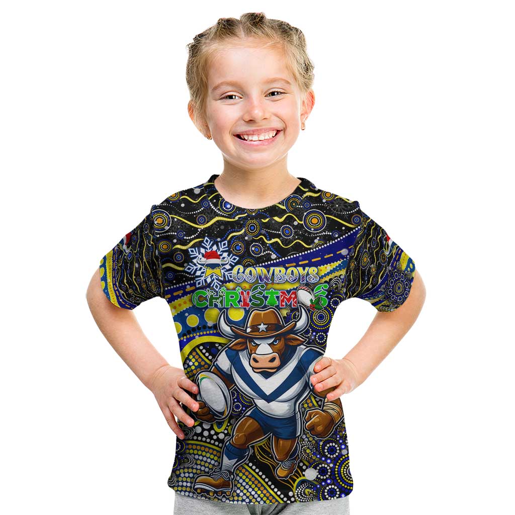 Merry Christmas Cowboys Kid T Shirt Aboriginal Santa Rugby Mascot - North Queensland