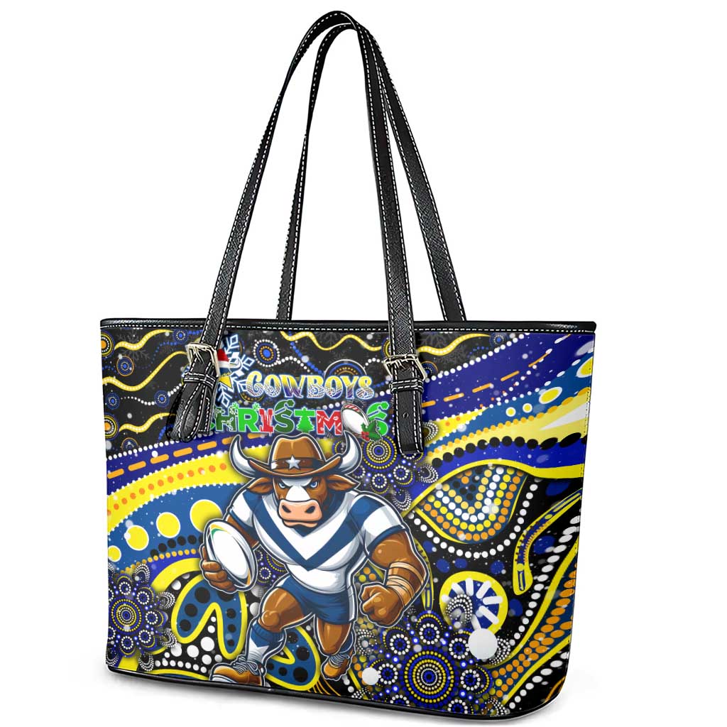 Merry Christmas Cowboys Leather Tote Bag Aboriginal Santa Rugby Mascot - North Queensland