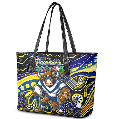 Merry Christmas Cowboys Leather Tote Bag Aboriginal Santa Rugby Mascot - North Queensland