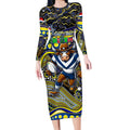 Merry Christmas Cowboys Long Sleeve Bodycon Dress Aboriginal Santa Rugby Mascot - North Queensland