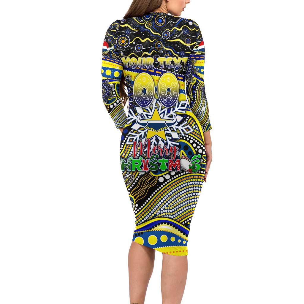 Merry Christmas Cowboys Long Sleeve Bodycon Dress Aboriginal Santa Rugby Mascot - North Queensland